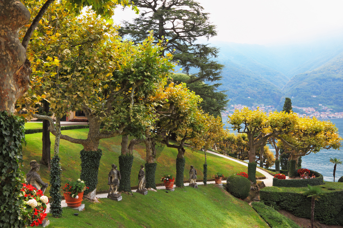  Lake Como's famous Villa Balbianello's winding paths lined with trees and statues