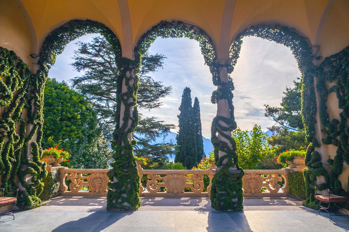 The porch of the famous Villa del Balbianello on Lake Como in Lombardy region, Italy