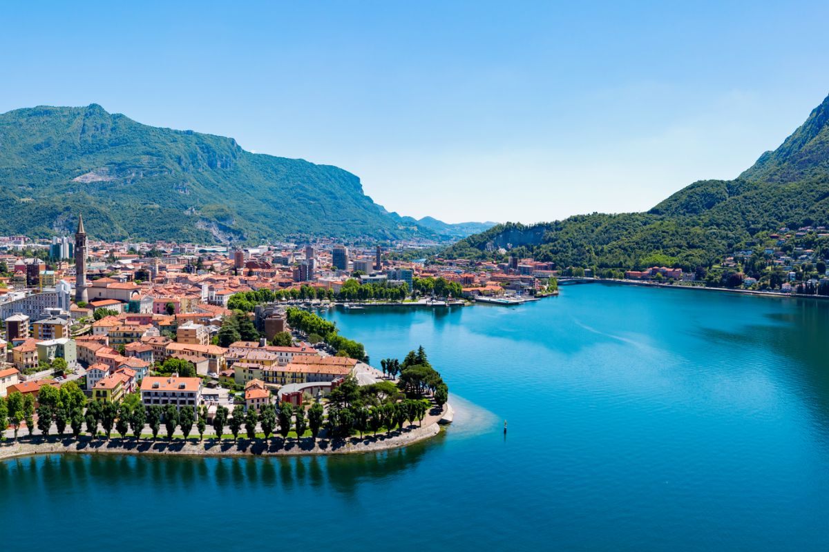 The lakeside town of Lecco on Lake Como in Lombardy, Italy