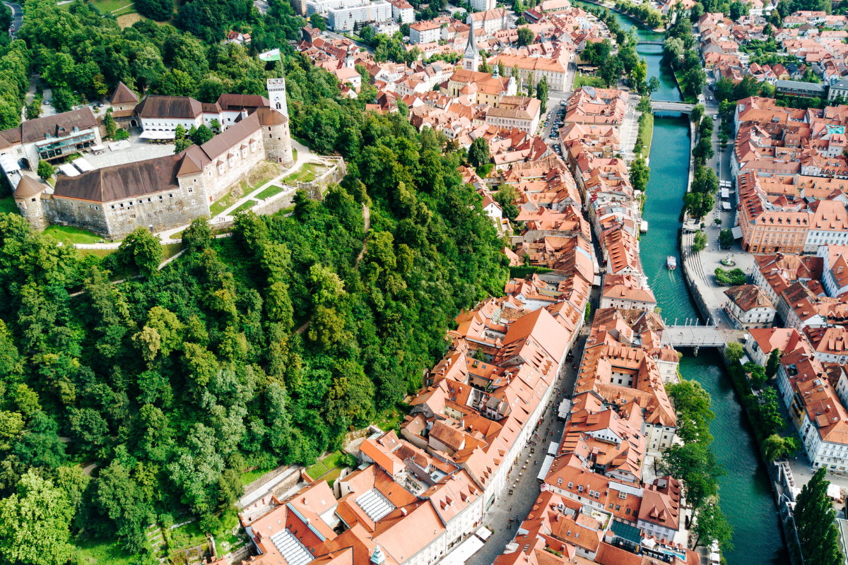 Aerial view of Ljubljana with its toweriong castle, Slovenia