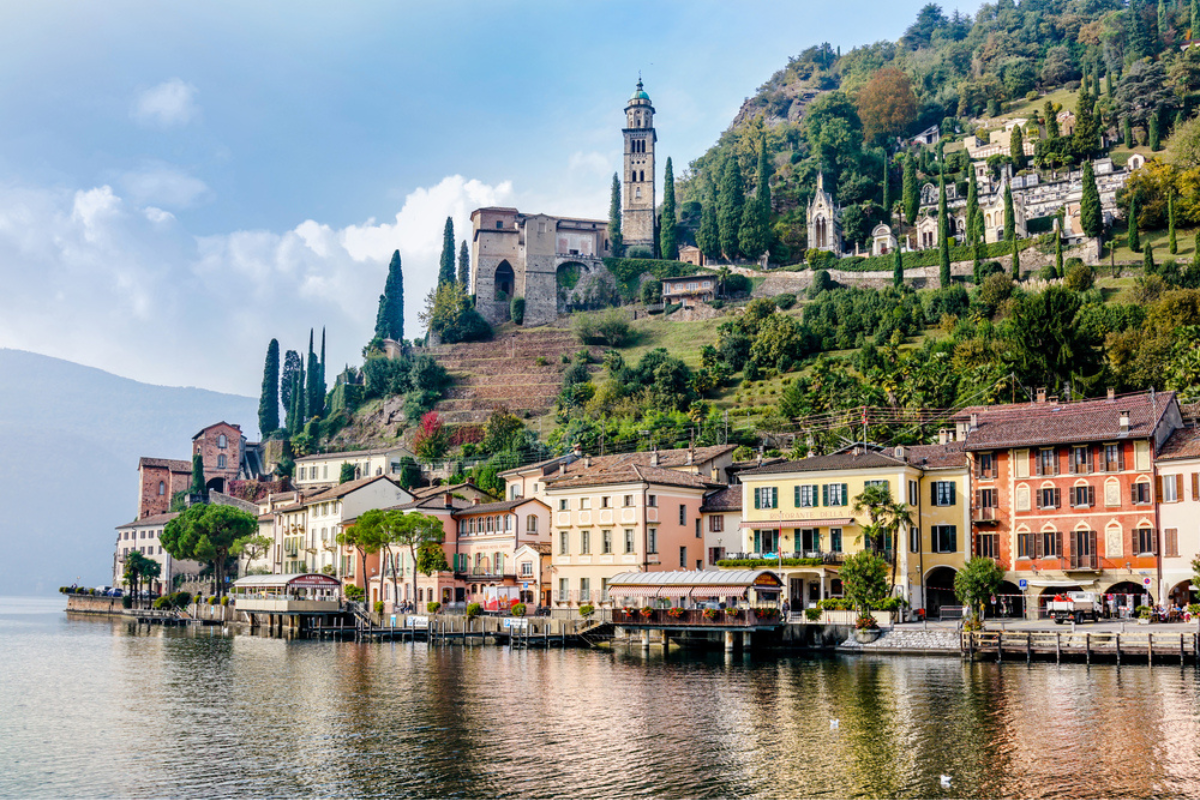 Waterfront view of Morcote village on Lake Lugano, Switzerland. Morcotte is considered 