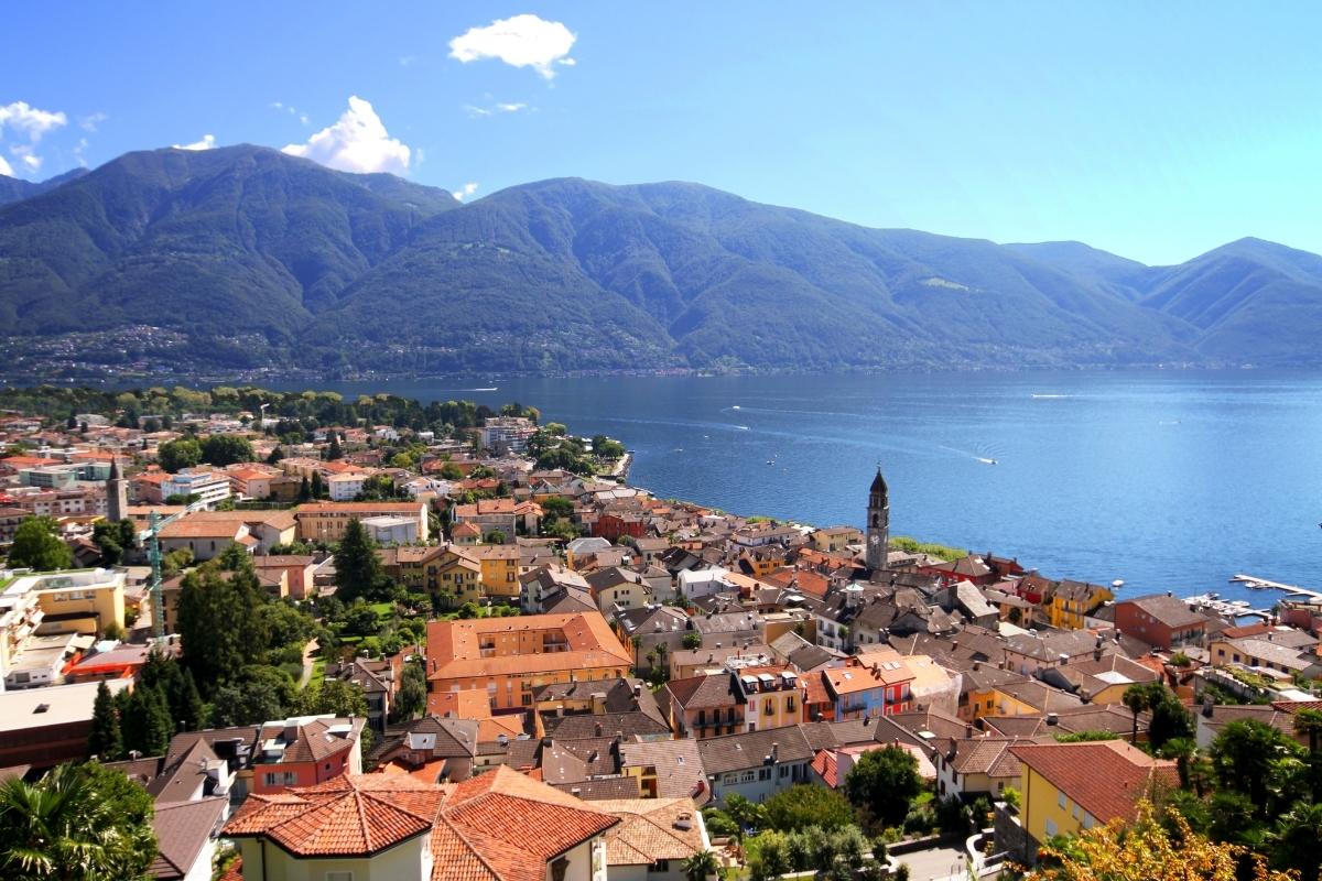 The vibrant town of Locarno on Lake Maggiore’s shores, with mountains in the background